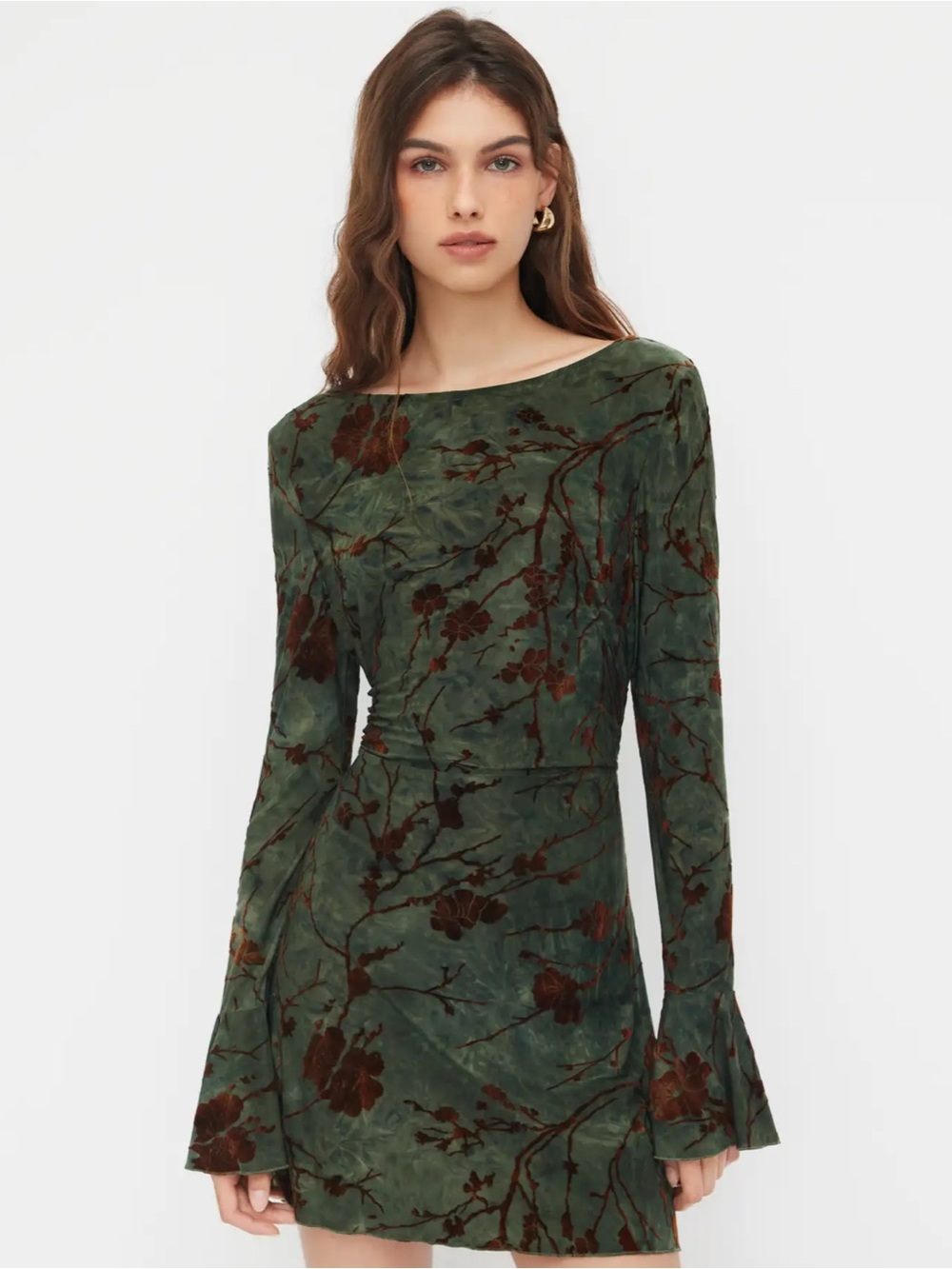 CIDER Fairycore Velvet Floral Mini Dress Large Open Back Bell Sleeve